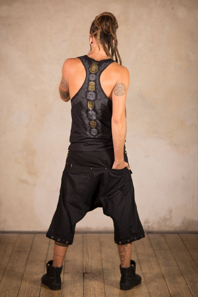 Samurai Shirt | men shirt with wide cut back | Sacred Geometry Shirt | Cyberpunk Clothing | Tron Shirt Black Gold
