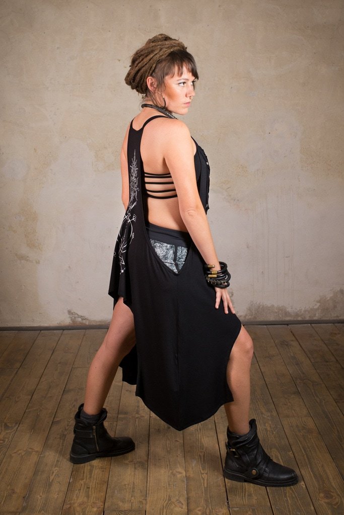 Goth Dress | Light summer dress with sacred geometry print | Apocalyptic Dress | Cyberpunk | Dress Nomad Black