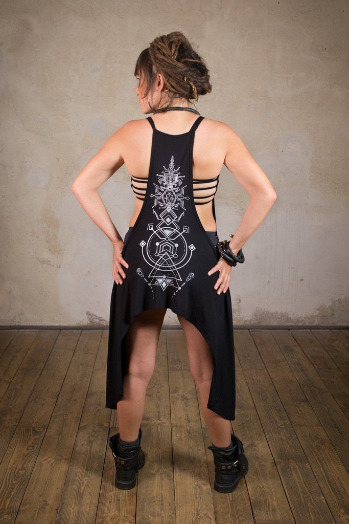 Goth Dress | Light summer dress with sacred geometry print | Apocalyptic Dress | Cyberpunk | Dress Nomad Black