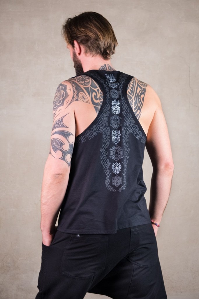 Samurai Shirt | men shirt with wide cut back | Sacred Geometry Shirt | Cyberpunk Clothing | Tron Shirt Black Silver