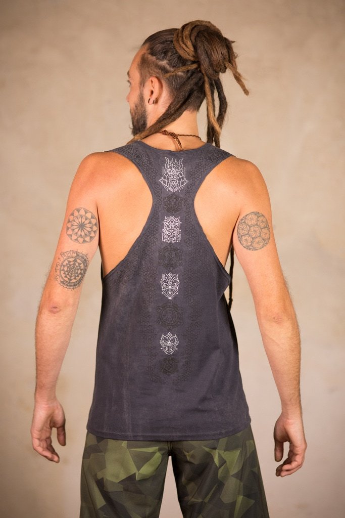 Samurai Shirt | men shirt with wide cut back | Sacred Geometry Shirt | Cyberpunk Clothing | Tron Shirt Grey Silver