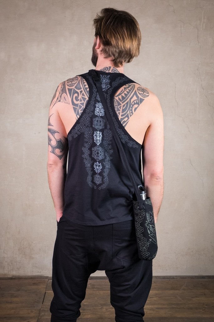 Samurai Shirt | men shirt with wide cut back | Sacred Geometry Shirt | Cyberpunk Clothing | Tron Shirt Black Silver